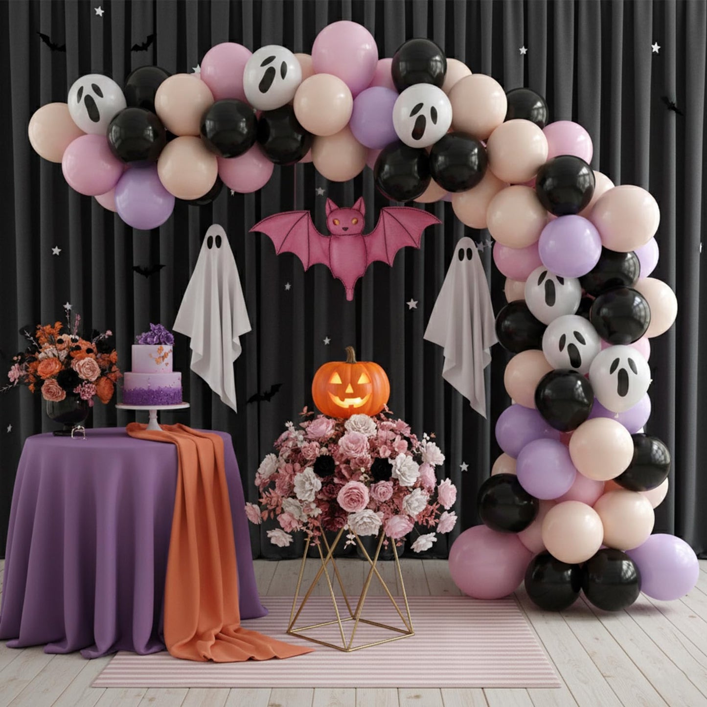 Halloween Balloons,52PCS 12 Inch Halloween Pastel Pink Black Orange Purple Balloon, Ghost Printed Ballons for Halloweenday BOO Party Decorations,Birthday,Baby Shower