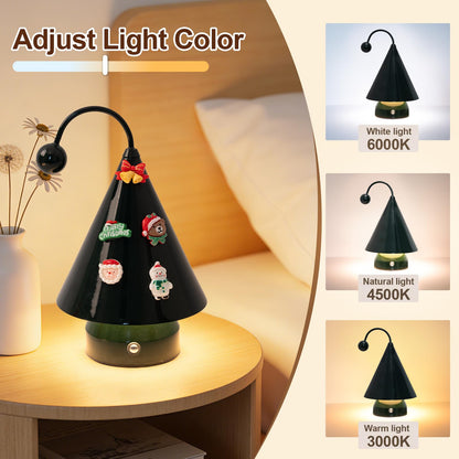 Qeipy Led Lights Cozy Home Decor Cute Christmas Tree Desk Lamp Ambient Lighting,Touch Control, Cordless Rechargeable Battery Operated,for Living Room,Bedroom,Nightstand (Black)