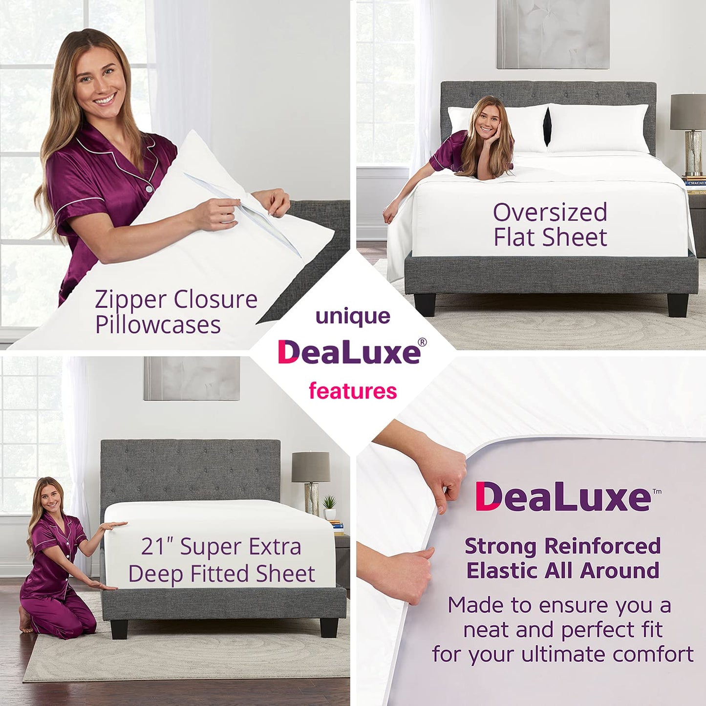Extra Deep Pocket King Size Sheets – 21” King Sheet Sets Deep Pocket – [4 Piece Set] King Bed Sheets Oversize Flat Sheet, Fitted Sheet, 2 Zippered Pillowcases – 18”–23” Deep Pocket King Sheets – White