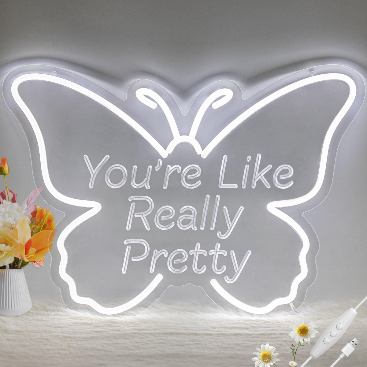 LMHSE You're Like Really Pretty Neon Sign, LED Neon Signs for Wall Decor Dimmable Aesthetic Butterfly Room Decor for Teen Girl, Bedroom, Wedding Decor, Gift for Birthday, Christmas (White)
