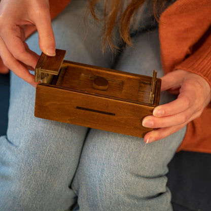 Bits and Pieces - Stash Your Cash Secret Puzzle Box Brainteaser - Wooden Secret Compartment Brain Game for Adults