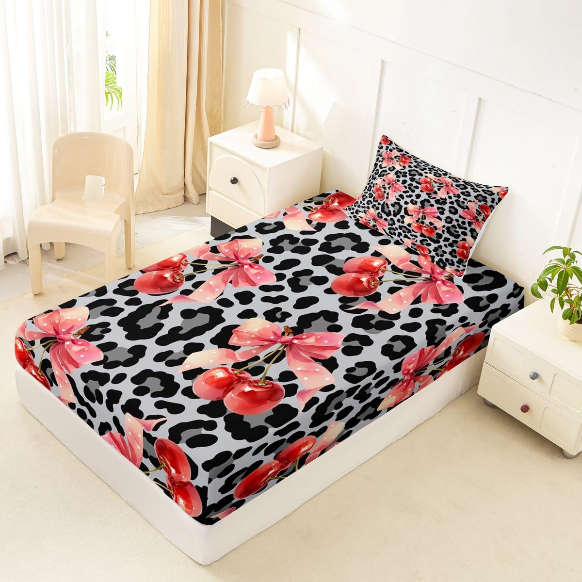jejeloiu Grey Cherry Bow Fitted Sheet with 1 Pillowcase Twin Size Dreamy Princess Bowknot Bed Sheets Set 16" Deep Pocket Boys Girls Leopard Print Bowknot Bedding Teens Bedroom Decor Breathable