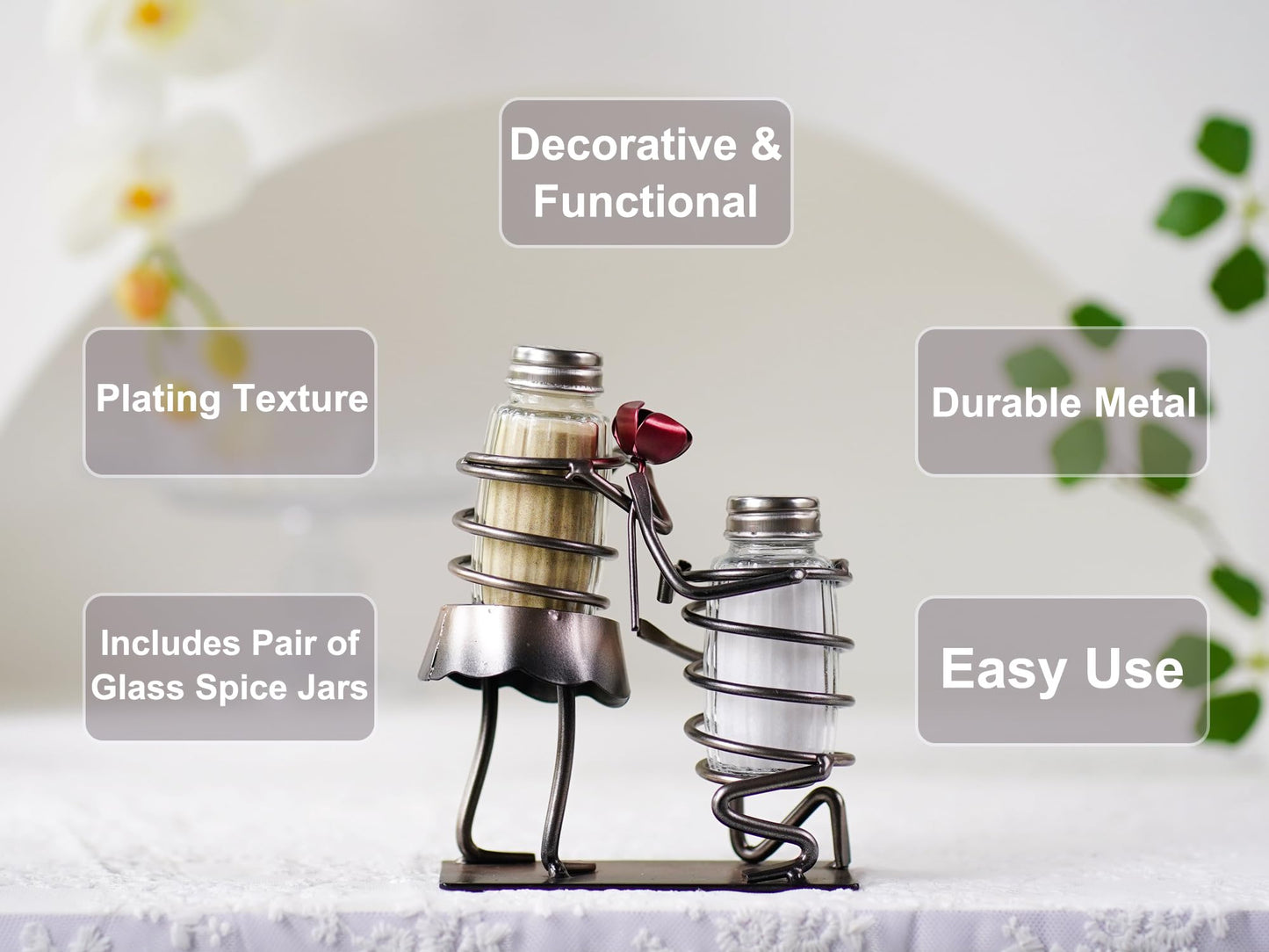 WDLFCGC Salt and Pepper Shakers Set - Romantic Rose Couple Kitchen Decor, Two Glass Shakers With Lids, Holder Caddy For Spices And Seasonings, For Kitchen, Dining Or Table Decor (rose lovers)