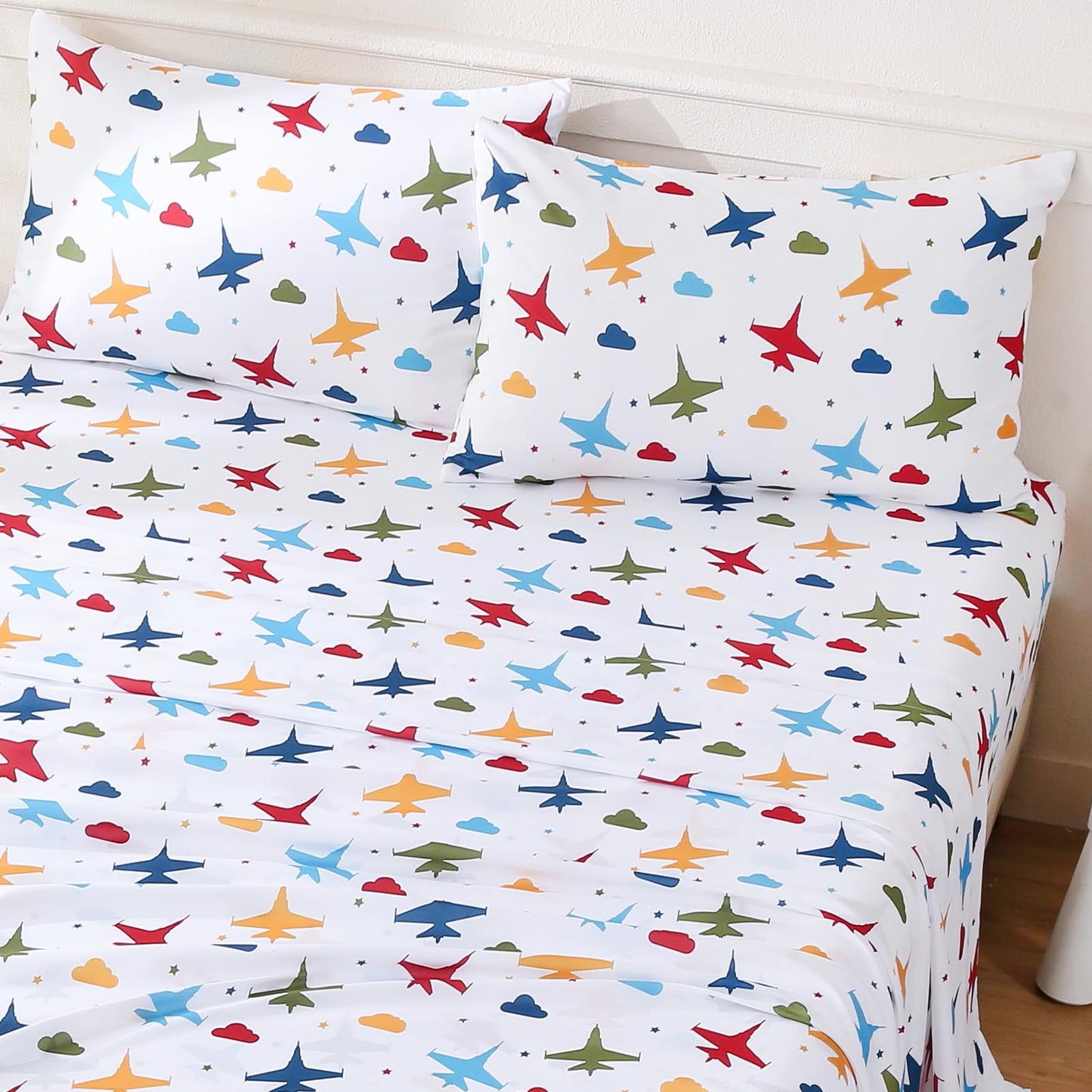 ChicView Full Sheet Set Kids,4 Pieces Breathable Soft Microfiber Bedsheets for Child Boys Girls, Anti Pilling Deep Pockets Easy Care Bed Sheets, Aircraft