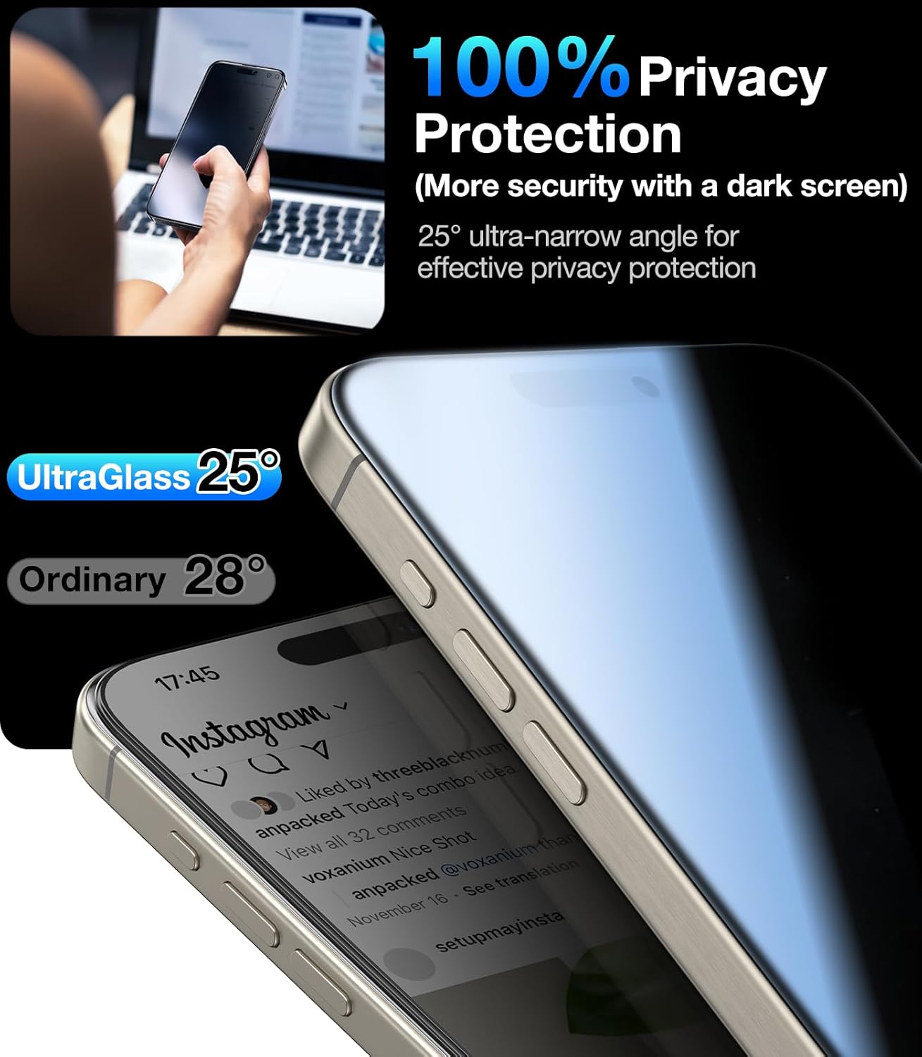 UltraGlass 9H+ Glass for iPhone 16 Pro Privacy Screen Protector [No.1 Military Grade Shatterproof & 100% Anti Spy] Privacy Screen iPhone 16 Pro Tempered Glass [Longest Durable] 2 Pack