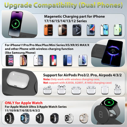 Dual Phone Wireless Charger, 30W Magnetic 4 in 1 Charging Station for Apple Devices, Charging Stand for iPhone 17/16/15/14/13/12 Series, Support for Apple Watch11/10 for AirPods4