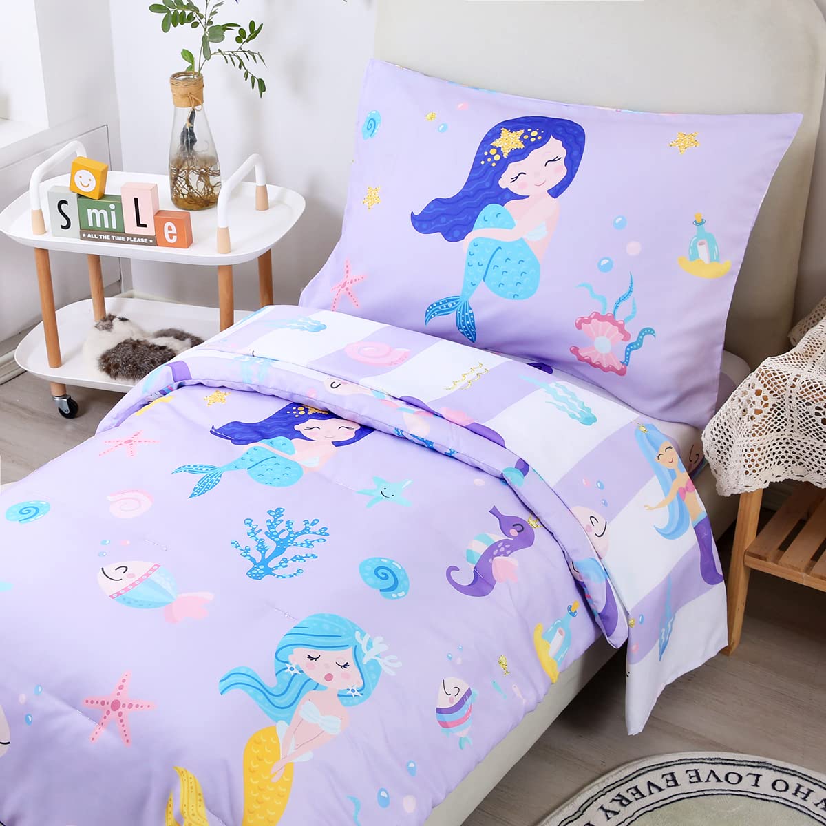 URBONUR 4-Piece Toddler Bedding Set - Ultra Soft Cartoon Mermaid Girls Toddler Comforter Set Coral Starfish - Include Comforter, Flat Sheet, Fitted Sheet and Reversible Pillowcase, Purple Mermaid