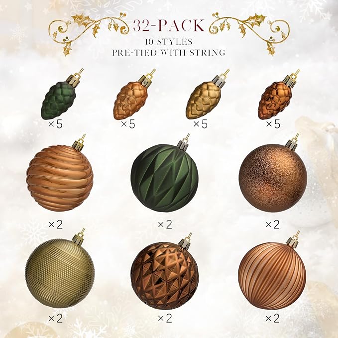 JORNOY Earth Tone Christmas Tree Ornaments - 3.12inch/80mm Shatterproof Ornaments for Christmas Tree Set Plastic Decorative Hanging Balls Ornaments for Xmas Tree Decorations, 32ct (Earth Tone)