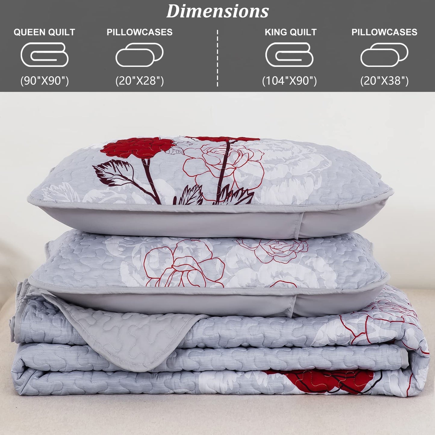 Anibedding Floral Quilt Set King Size,Elegant Red Floral Printed Bedspread Coverlet 3 Pieces Soft Microfiber Bedding Set with 2 Pillowcases for All Season(104"×90")