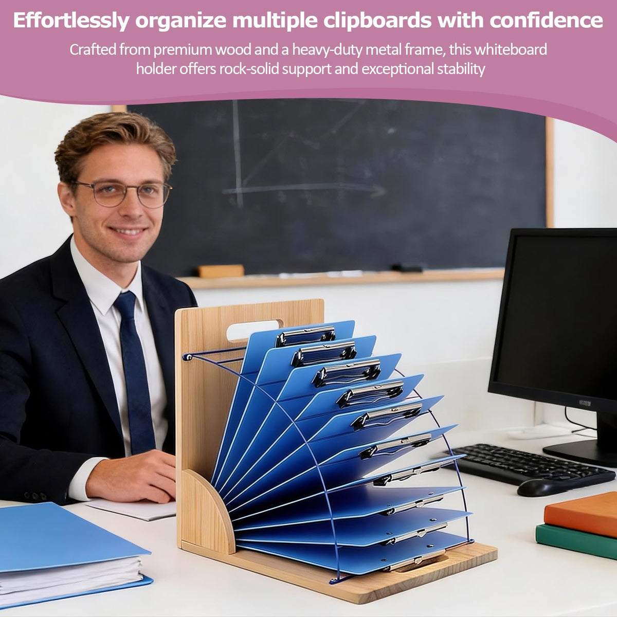 conifrag 2 Pack Clipboard Holder - 12 Layer Clipboard Storage Rack Wooden Clipboards Organizer with Sturdy Metal Shelf for Classroom Office Desk Essentials Supplies Workshop Teacher Must Haves