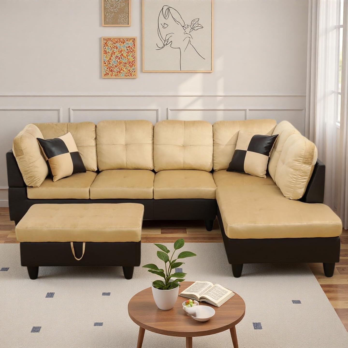 NicBex Sectional Couch 3 Pieces Sofa Set, L-Shaped Modular Couches for Living Room, Furniture Sets with Lounge Chaise & Storage Ottoman, Multi-Scene Use for Apartment & Office, Beige+Black