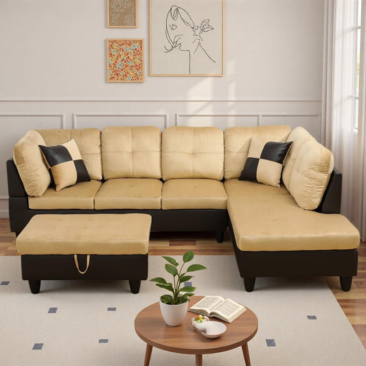 NicBex Sectional Couch 3 Pieces Sofa Set, L-Shaped Modular Couches for Living Room, Furniture Sets with Lounge Chaise & Storage Ottoman, Multi-Scene Use for Apartment & Office, Beige+Black