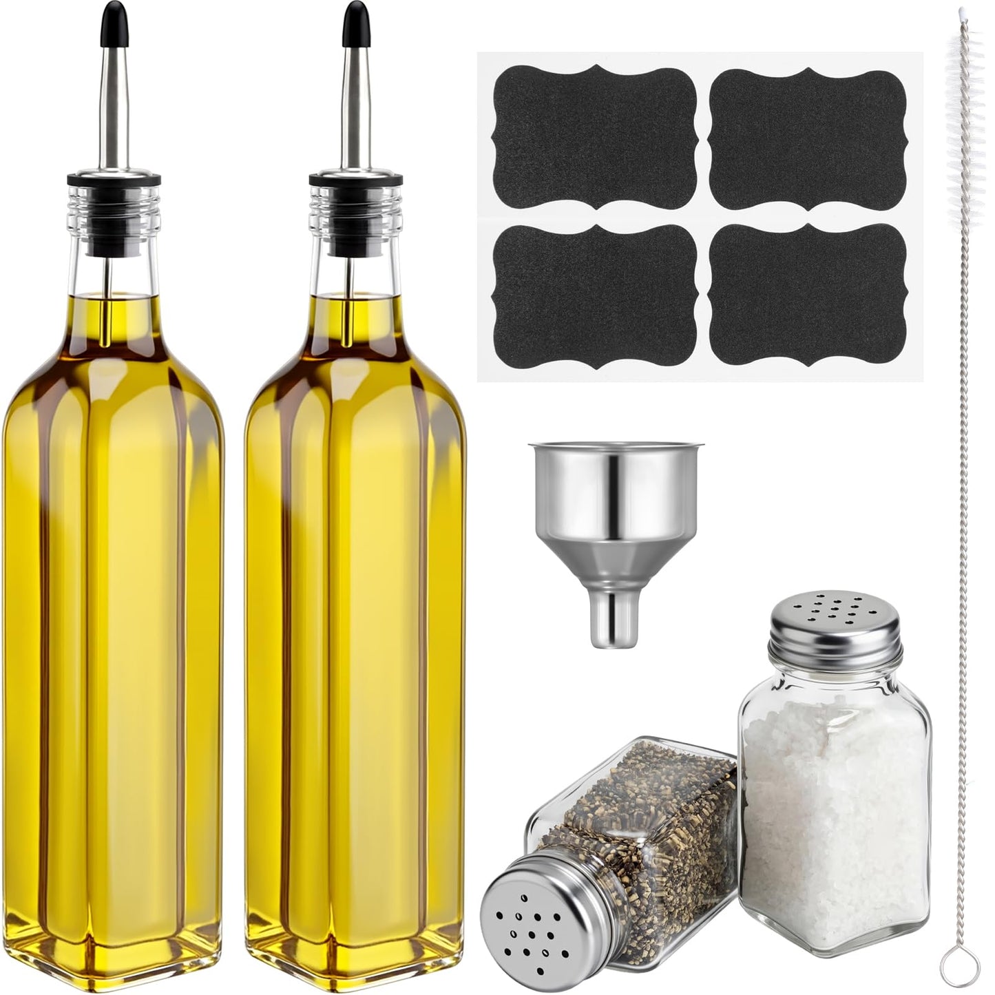 Rtteri 6 Pcs Kitchen Dispenser Set, 17 oz Oil Dispenser Bottle 2.7oz Salt and Pepper Shakers with Stainless Steel Funnel Brush and Labels for Pantry Cooking BBQ Countertop Home Restaurant