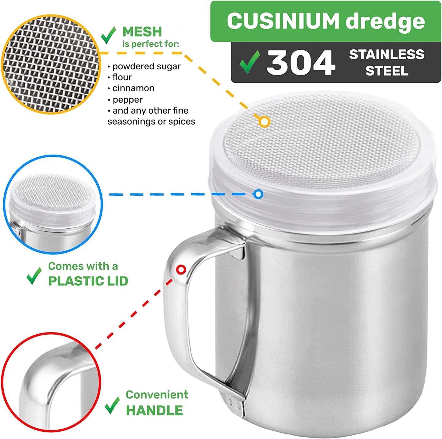 CUSINIUM [Set of 3] 10oz Stainless Steel Dredges With Handle - Fine Mesh + Medium Holes + Large Holes (For Coarse Seasonings)