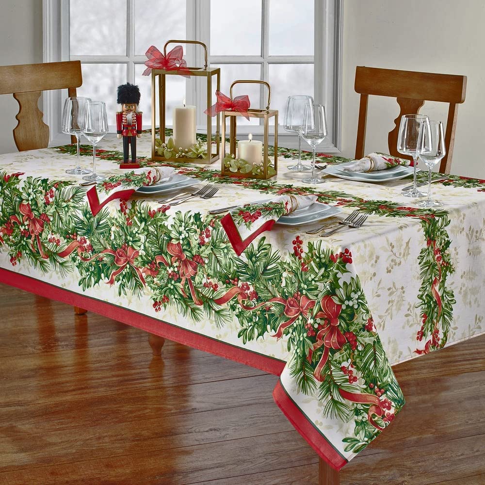 Newbridge Christmas Holly Ribbon Traditions Bordered 70 Inch Long Table Runner, Boughs of Holly and Berry Ribbon Garland Dining Table Runner for Holiday Party