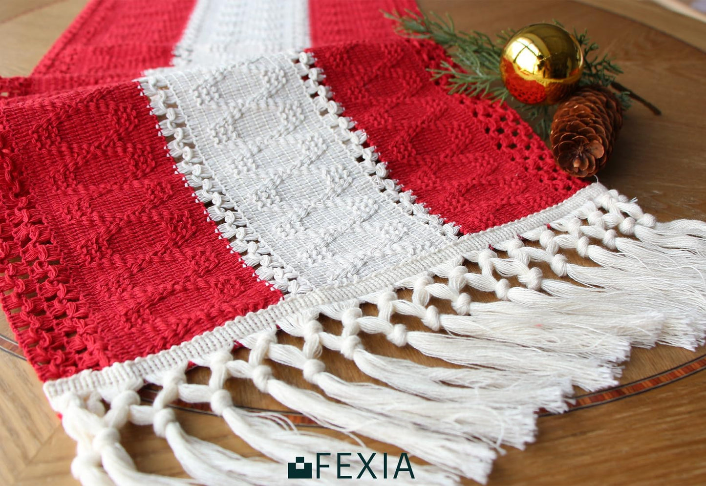 FEXIA Boho Red Table Runner for Holiday Decoration 72 Inches Long Red & Cream Christmas Table Decor for Home Party (13x72 Inches)