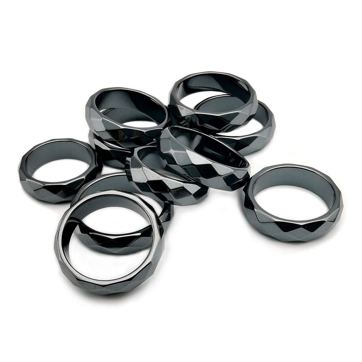 Morchic 10Pcs Pack Hematite Stone Rings for Women & Men, Unisex Faceted Set (6mm Width) - Mixed Sizes 6-12, Chakra Balancing, Polished Gemstone, Gift Ready