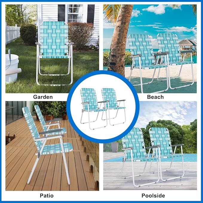 VINGLI Patio Lawn Webbed Folding Chairs Set of 4, Outdoor Beach Chair Portable Dining Chair for Outdoor Yard, Garden (White & Blue, Classic)