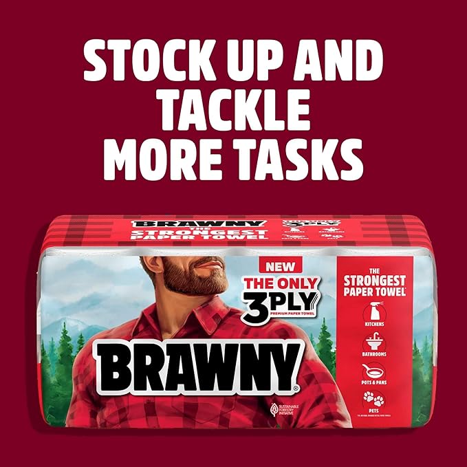 Brawny Tear-A-Square 3-Ply Paper Towels, 8 Triple Rolls = 24 Regular Rolls