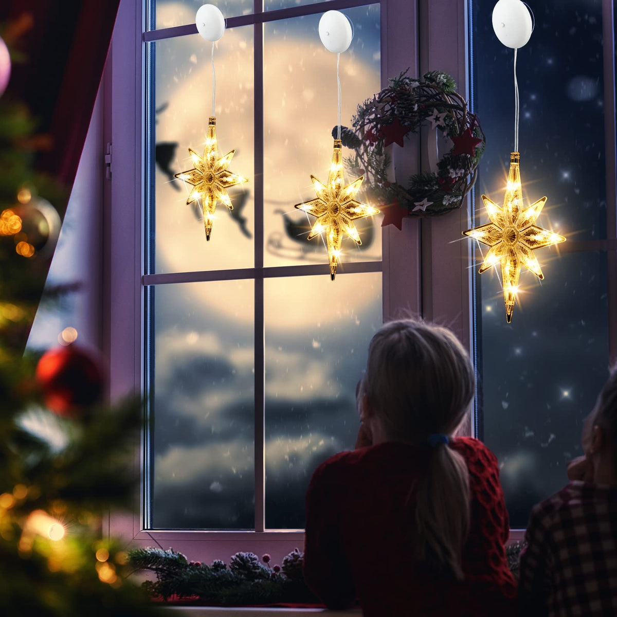 VIHOSE 3 Pcs 10.6 Inch Bethlehem Christmas Window Lights Plastic LED Lighted Christmas Window Silhouette Lights Large Hanging Xmas Tree Ornaments (Yellow)