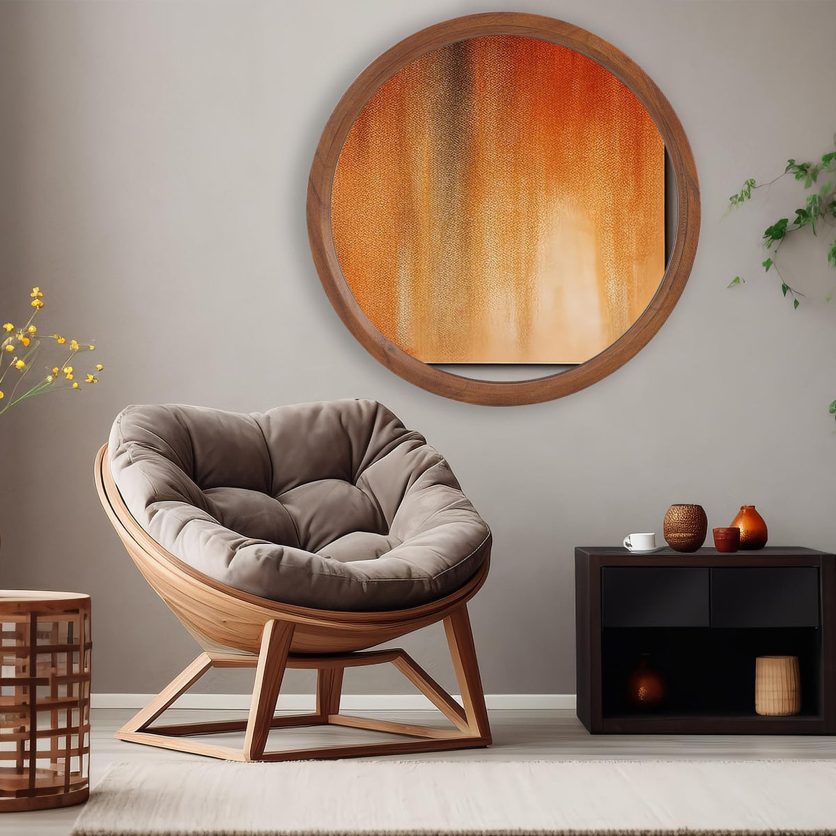 MAGFLERUM 28 Inch Round Wood Circle Mirror - Boho Style Wall Decor for Bedroom, Living Room, Hallway (Brown)