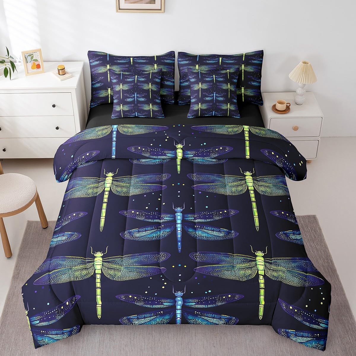 Erosebridal Dragonfly Full Size Bed Sheets and Comforter Set,Flying Dragonflies 7 Piece Bedding Set Rustic Aesthetic Animal Bed in a Bag,Exotic Wildlife Bed Sets