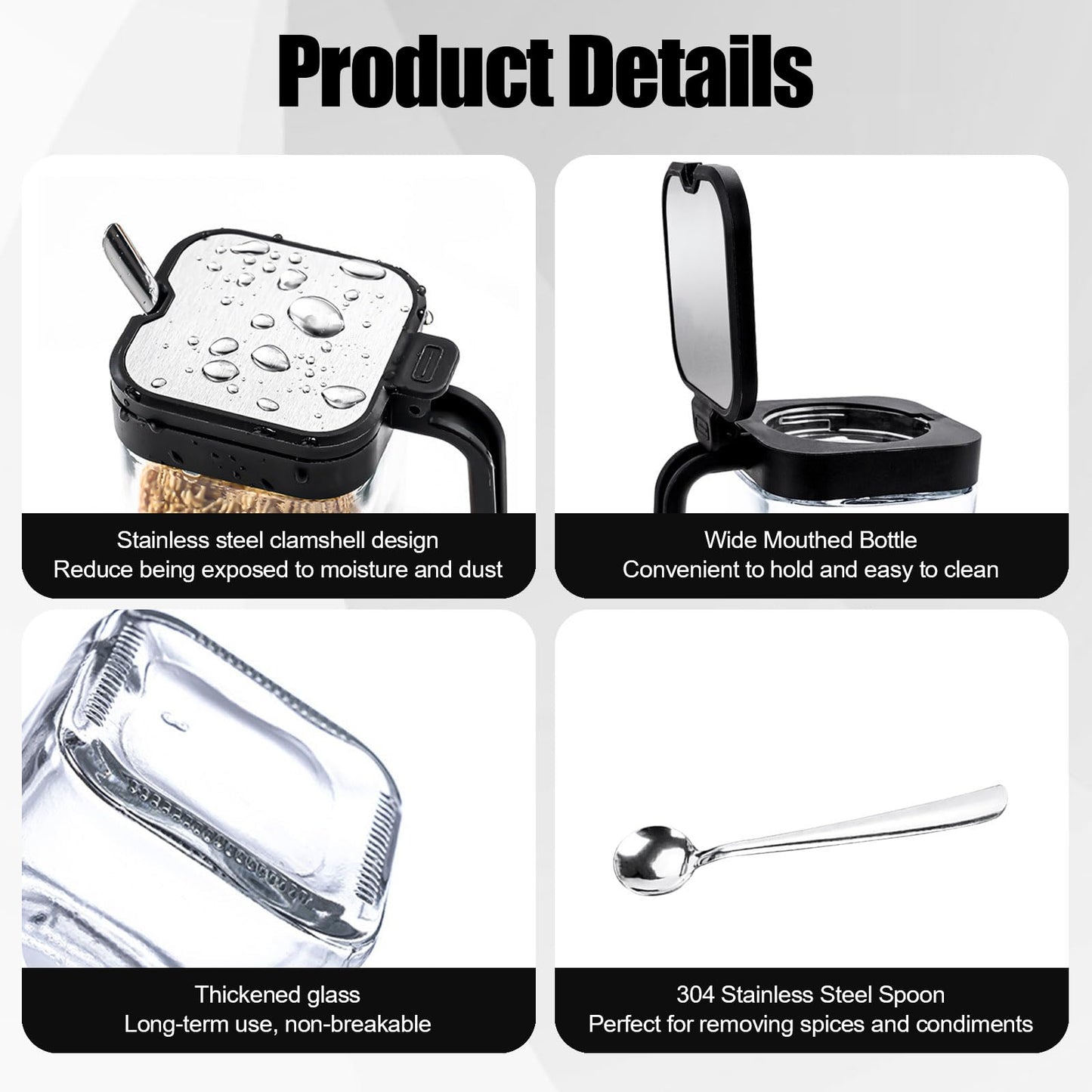 JEPELUS 3 Pcs Condiment Jar Spice Container with Lids and Spoons, Clear Glass Salt and Sugar Container Sets, Square Condiment Canisters Pots Seasoning Box for Kitchen Countertop (Black)