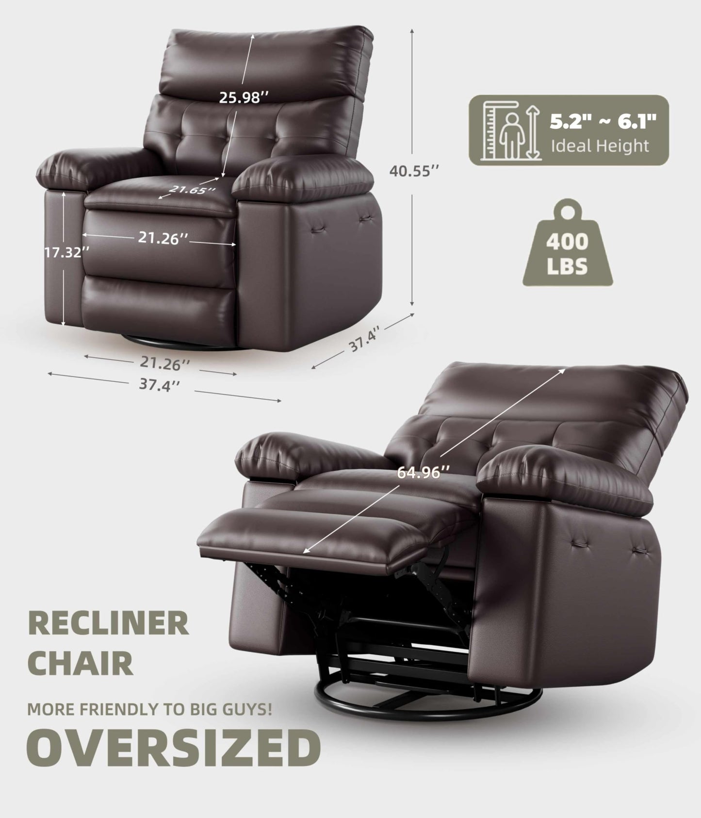 Garvee Oversized Swivel Rocker Recliner Chair - Heat and Massage, Leather Manual Recliner for Adults, Lazy Chair with Comfort Arms and Back Single Sofa for Living Room