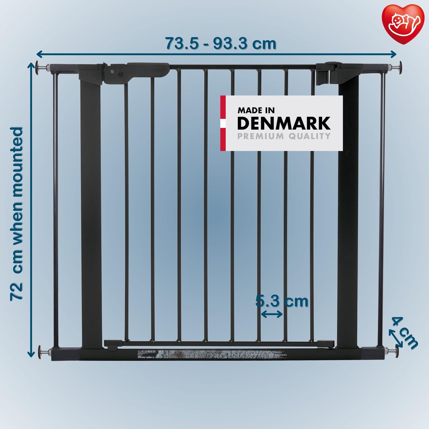 BabyDan Premier, Pressure Fit Stair Gate, 73.5-93.3 cm, Baby Gate/Safety Gate, Metal, Black, Made in Denmark - (Pet Gate/Dog gate)