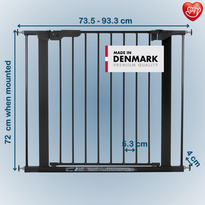 BabyDan Premier, Pressure Fit Stair Gate, 73.5-93.3 cm, Baby Gate/Safety Gate, Metal, Black, Made in Denmark - (Pet Gate/Dog gate)