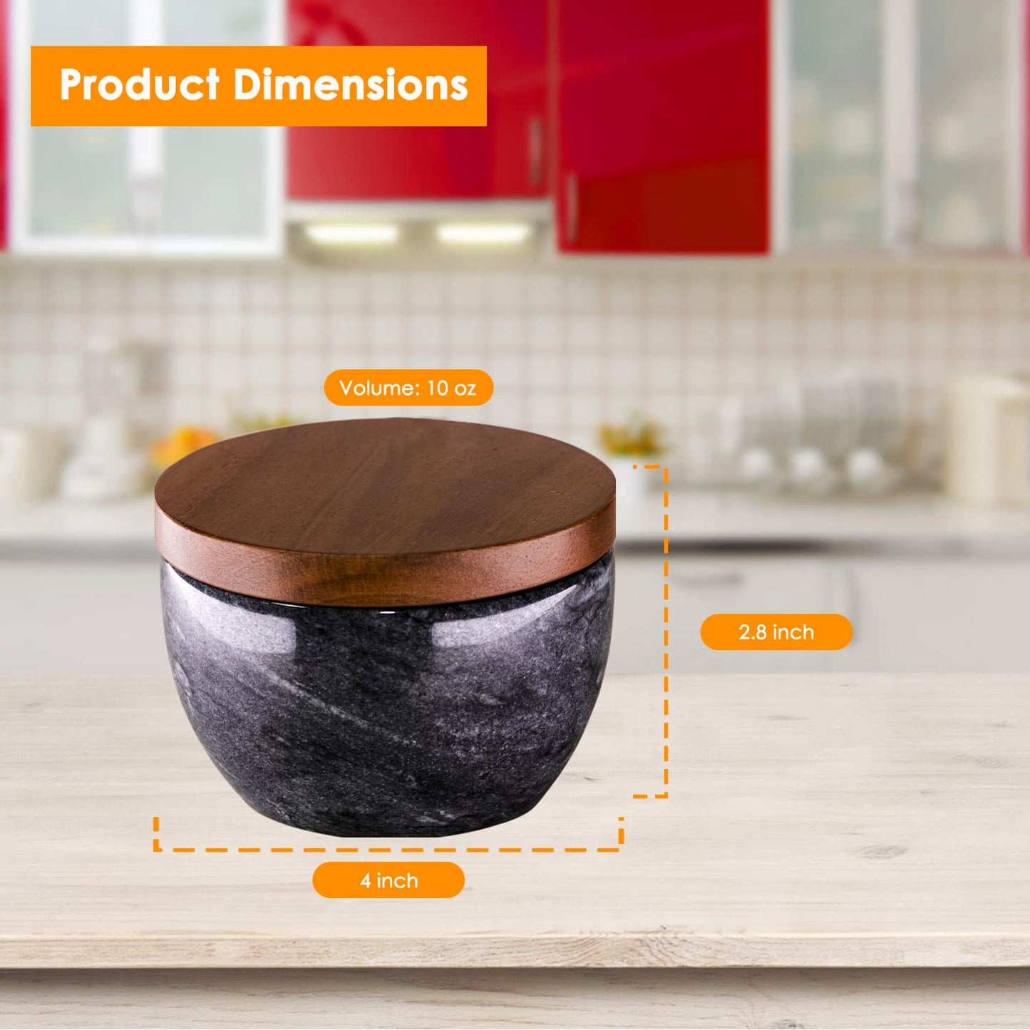 Sugar Bowl with Lid, Marble Sugar Container with Natural Acacia Wood, Salt Cellar with Lid, Sugar Jar, Salt Container, DIY Stickers & Dry Erase Markers, Elegant Design, Large Capacity