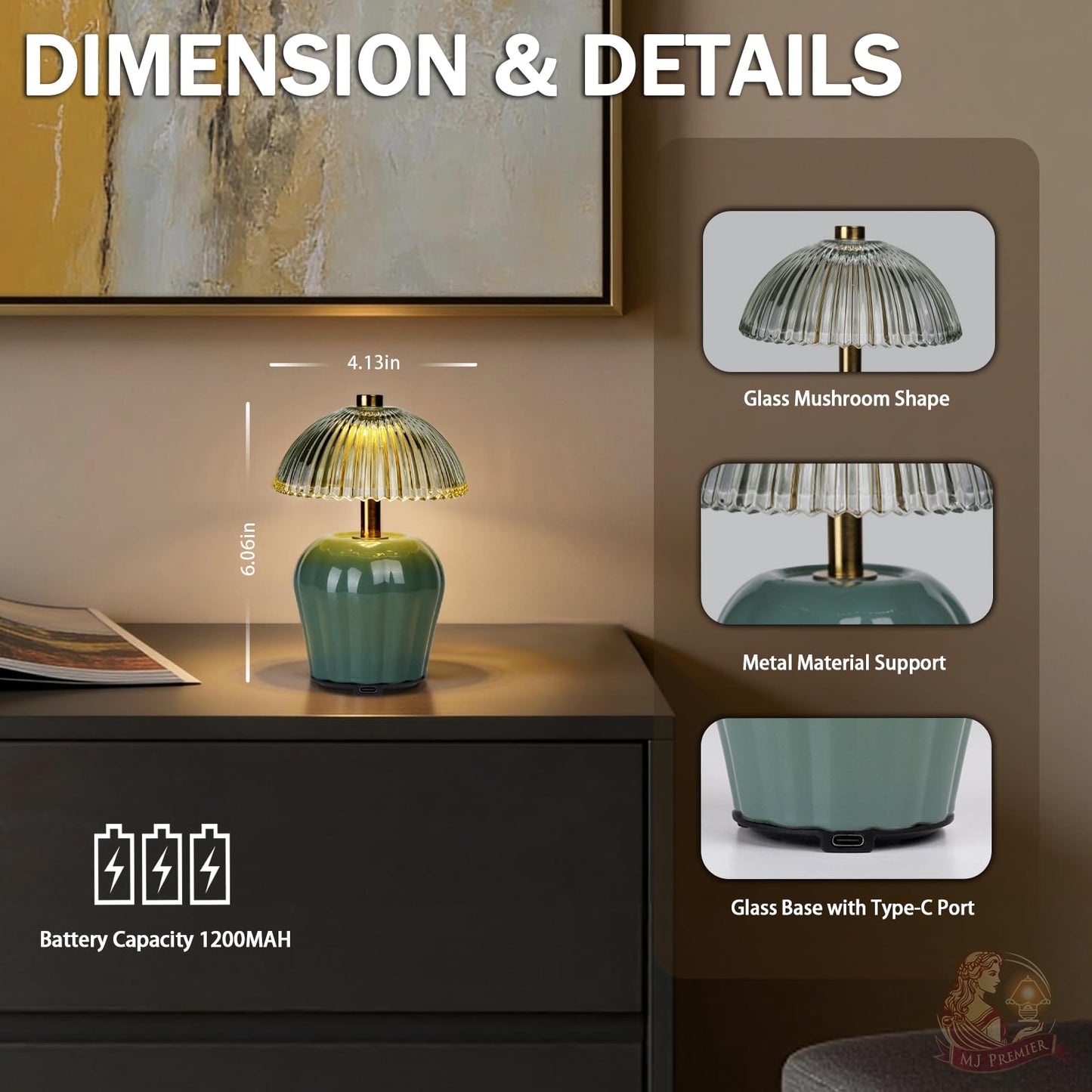 MJ PREMIER Rechargeable Table Lamp, Cordless Lamp with Timer, Mini Glass Mushroom Lampshade, Small Table Lamps, Decorative Led Light for Bedroom Living Room Shelf (Green)