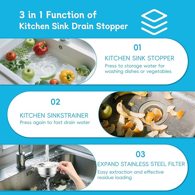 3 in 1 Kitchen Sink Drain Strainer, Upgraded Pop Up Kitchen Sink Stopper