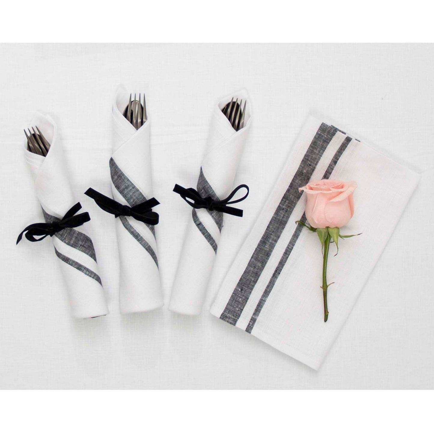 Solino Home Linen Dinner Napkins 20 x 20 Inch - 100% Pure Linen French Stripe Black and White Napkins Set of 4 for Fall, Autumn, Halloween, Thanksgiving