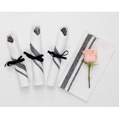 Solino Home Linen Dinner Napkins 20 x 20 Inch - 100% Pure Linen French Stripe Black and White Napkins Set of 4 for Fall, Autumn, Halloween, Thanksgiving