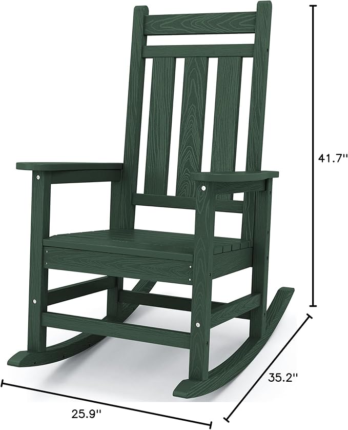KINGYES Oversized Outdoor Rocking Chair, All-Weather Patio Rocking Chairs for Porch, HDPE Outdoor Patio Rockers with High Back & Wide Seat for Garden, Lawn, Green