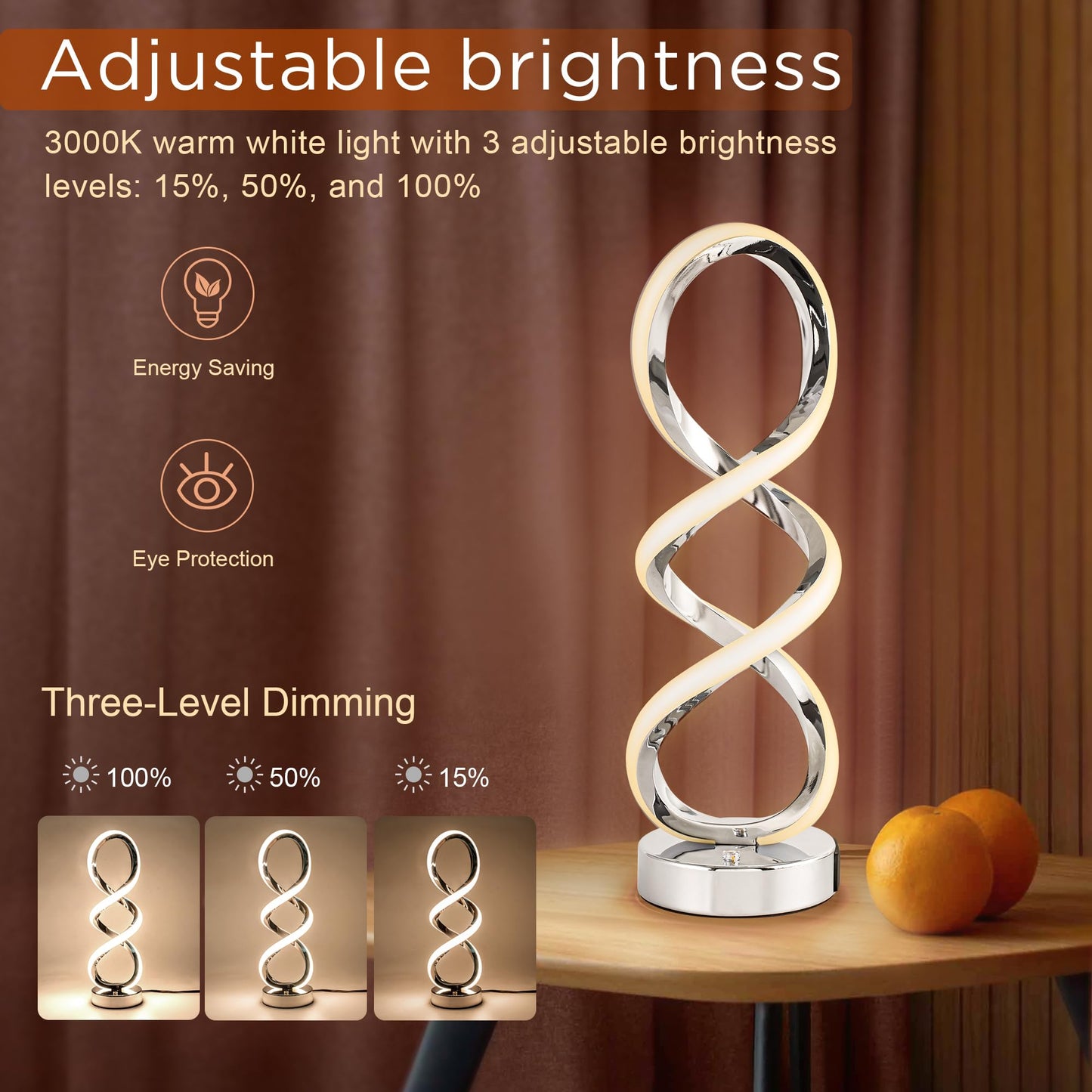 Adebime Modern Spiral RGB Table Lamp, Touch Dimmable Bedside Lamp, 7 Colors 10 Light Modes Spiral Design Table Lamp, Unique Nightstand Lamp for Living Room, Bedroom, Cool Lamps, Silver