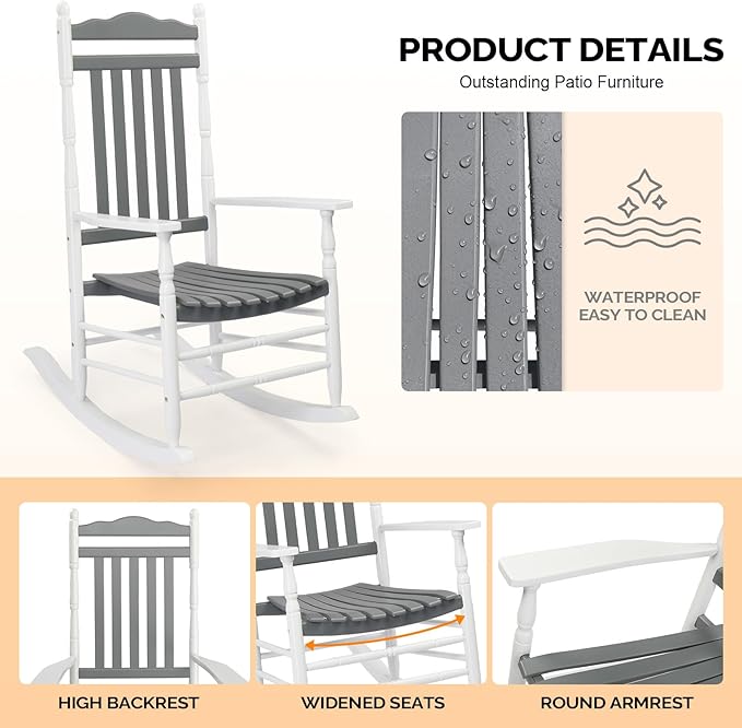VINGLI Wooden Rocking Chair, Outdoor Chair with 450 lbs Support, Relaxing Rocker with Solid Wood High Back Seat Reclining Seat for Deck, Garden, Backyard, Porch (White & Grey, 2PCS)
