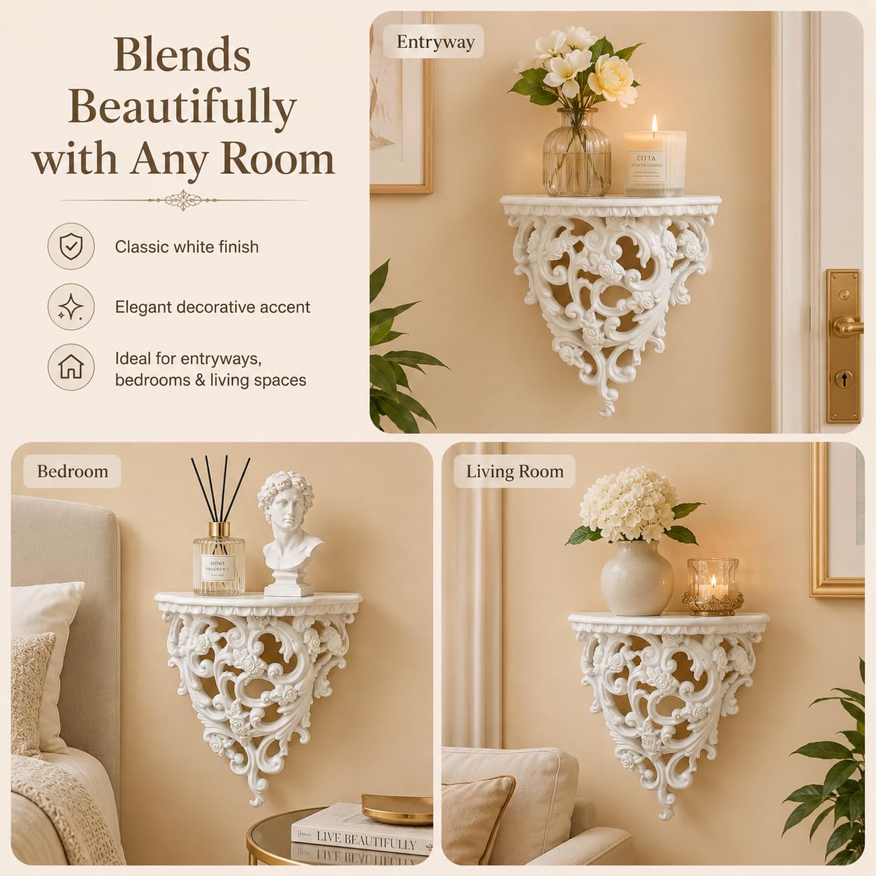 Z metnal Small Victorian Decorative Floating Shelves, Wall Mounted Decor Shelves, Classic Wall Display Organizer, Retro Hollow Carving Art Ornament Rack, Baroque Style Decorative Stand, White, Resin