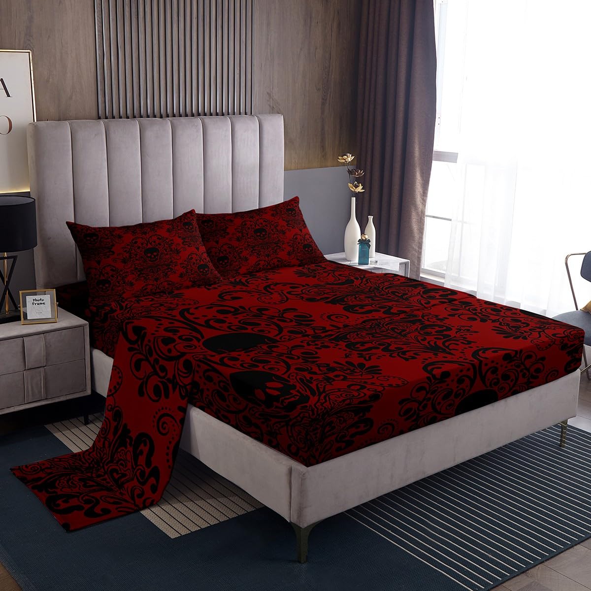 Feelyou Gothic Skull Bed Sheets Set Full Size Damask Print Bed Set Goth Bohemian Deep Pocket Fitted Sheet Black Red Breathable Soft Lightweight Microfiber