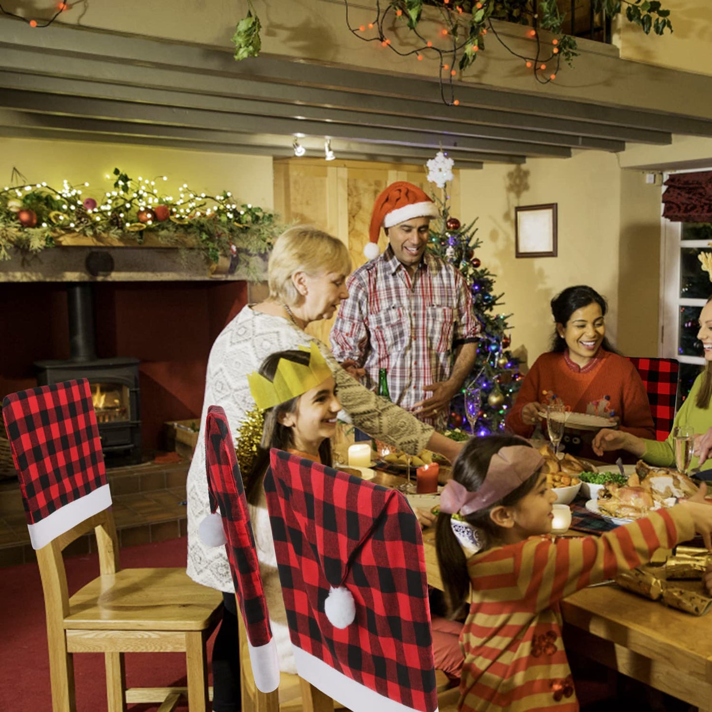 CCINEE 6pcs Christmas Chair Back Cover, Black and Red Grid Chair Slipcovers Hat Buffalo Plaid Christmas Back Covers Christmas Dining Chair Protector Elastic for Dining Room Xmas Party Table Decor…