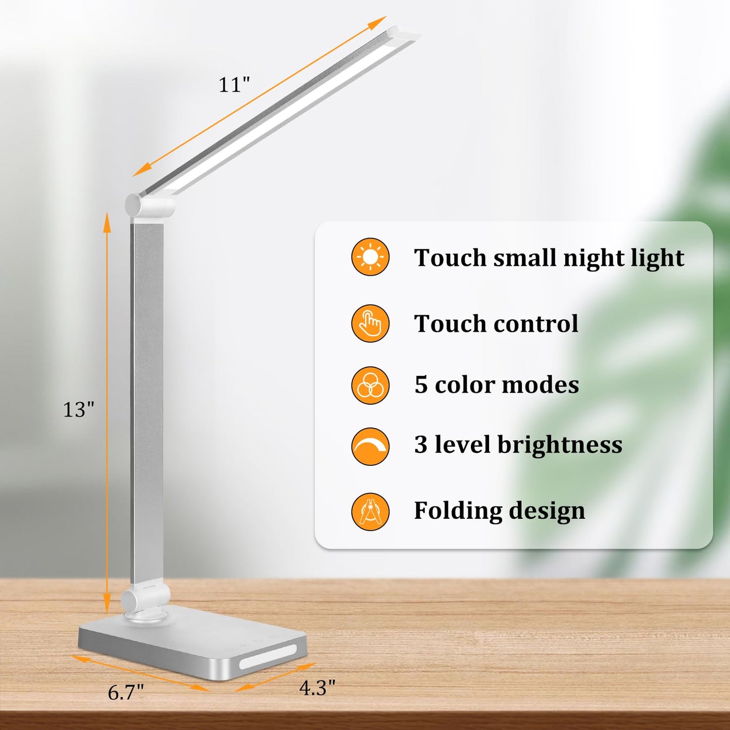 LED Desk Lamp with USB Ports,Touch Desk Lamps for Home Office with 5 Color Modes,3 Brightness Desk Light with Small Night Light,Reading Lamp Table Lamp for Bedroom Bedside Study Black （with adapter）
