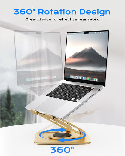 LOXP Adjustable Laptop Stand, Computer Stand with 360 Rotating Base, Ergonomic Laptop Riser Mount for Desk Foldable Protable Computer Desk Fits with MacBook Pro Air (10-16") - Gold