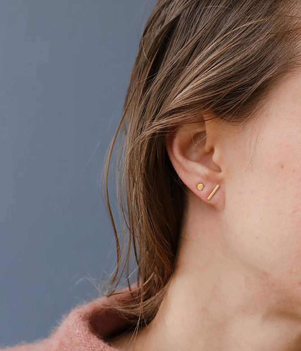Sterling Silver Stud Earrings for Women Men- 4 Pairs of Hypoallergenic Simple Geometric Small Stud Earring Set Tiny Circle Triangle Square Bar Stud Earrings Mini Cartilage Tragus Earrings(Rose Gold)