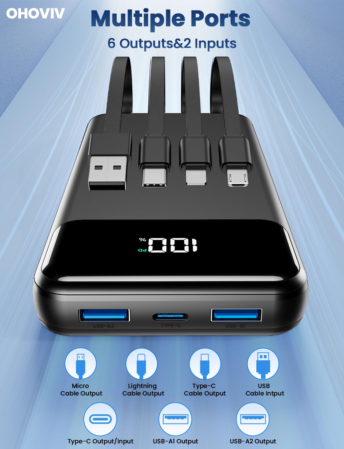 Portable Charger, 50000mAh Power Bank with Built in Cables, 22.5W Fast Charging Battery Pack, Portable Phone Charger for Travel Camping Essential,PowerBank Compatible with iPhone 17/16/15/14-Dark