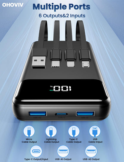 Portable Charger, 50000mAh Power Bank with Built in Cables, 22.5W Fast Charging Battery Pack, Portable Phone Charger for Travel Camping Essential,PowerBank Compatible with iPhone 17/16/15/14-Dark