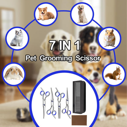 HCHYEY Dog Grooming Scissor, 7-in-1 Pet Grooming Scissor for Dogs, Professional Dog Grooming Kit with Safety Round Tips, Titanium Coated Cat Scissors Kit for Home Grooming (Blue)