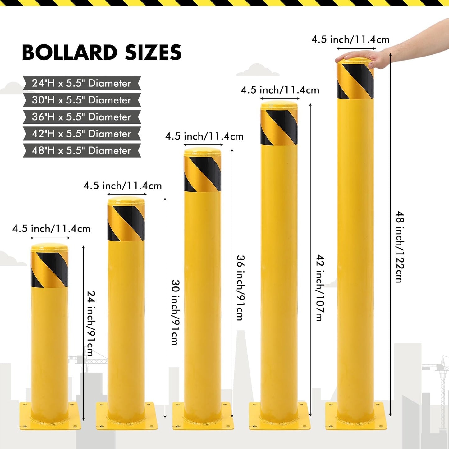 ExploreHorizon 4 Pack 48" Removable Safety Bollards, Surface Mount Steel Parking Barriers w/High-Vis Yellow PVC Stripes, Forklift Protection Posts for Indoor/Outdoor Traffic Control
