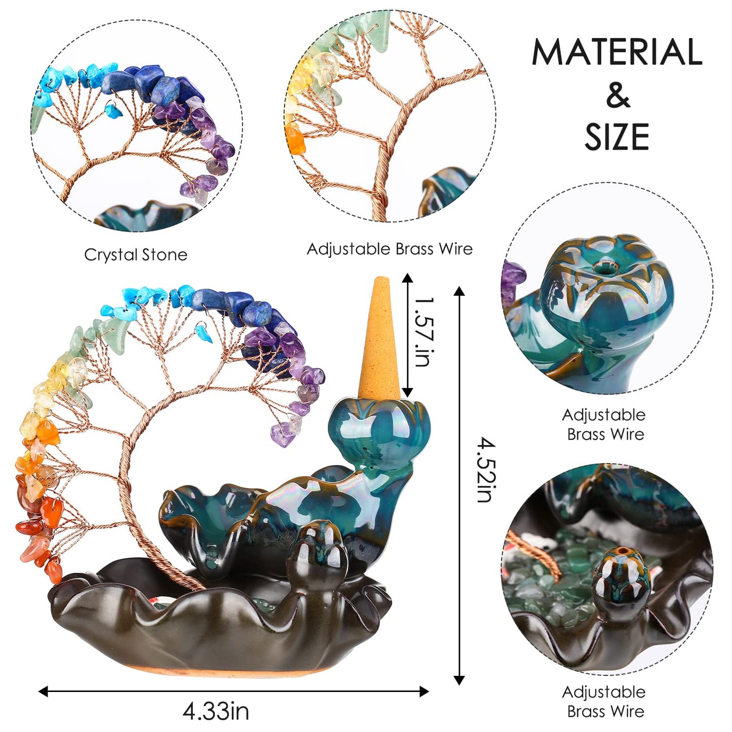 Backflow Incense Burner Ceramic Incense Waterfall 7 Chakras Crystal Tree Incense Holder Namaste Yoga Meditation and Home Decor