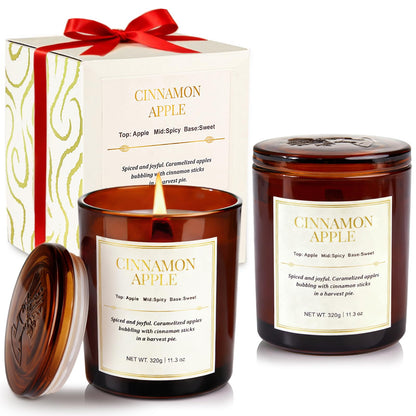 Scented Candles for Home,2 Pack Wood Wick Cinnamon Apple Scented Candles,Long Lasting Natural Soy Wax Candles with Gift Boxes,Cozy Aromatherapy Candle for Home Decor